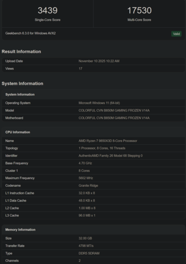 Ryzen 7 9850X3D Geekbench listing 2 (image source : Geekbench)