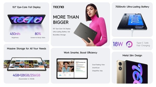 Le Tecno Megapad 10 dispose d'une batterie de 7 000mAh et se recharge à 18W. (Source de l'image : Tecno)