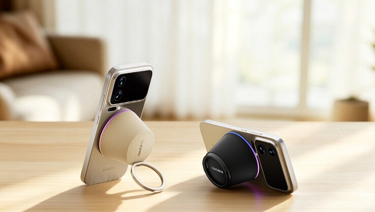 L'enceinte Xiaomi se fixe au téléphone grâce à un anneau magnétique et fait office de support pour le téléphone