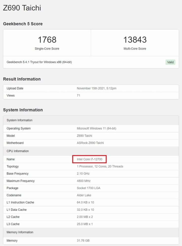 Intel Core i7-12700. (Image source : Geekbench)