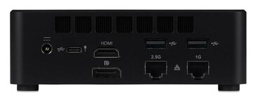 Vue arrière du mini PC iiyama montrant les ports HDMI, DisplayPort, USB, Ethernet et d’alimentation