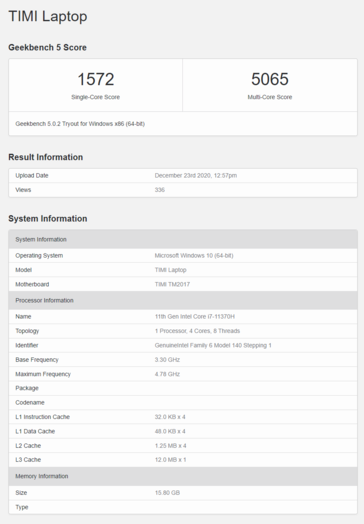 Mi Notebook Pro avec Intel Tiger Lake Core i7-11370H. (Source : Geekbench)