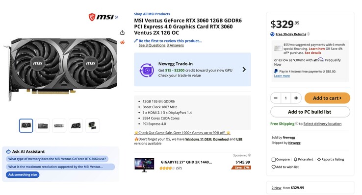 L'image présente la nouvelle fiche produit de la RTX 3060, plus précisément la MSI Ventus RTX 3060 dotée de 12 Go de mémoire vive, au prix de 329 $.