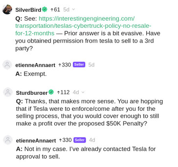 Le vendeur du Cybertruck de Cars &amp; Bids a expliqué dans les commentaires qu'il avait reçu une dérogation de Tesla pour vendre son Cybertruck à un tiers. (Source de l'image : Cars &amp; Bids)