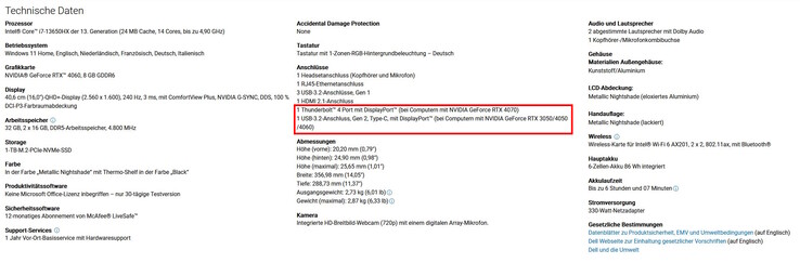 Pourquoi Thunderbolt 4 n'est-il disponible que pour les SKUs avec RTX 4070 et plus (source : capture d'écran sur le site web de Dell) ?