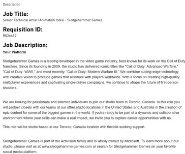 Offre d'emploi Call of Duty de Sledgehammer Games (Source de l'image : capture d'écran, Activision Careers)