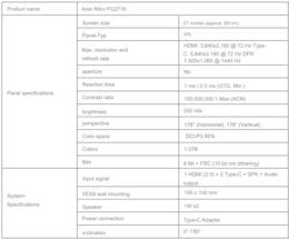 Caractéristiques techniques du Nitro PG271K (Image source : Acer - machine translated)