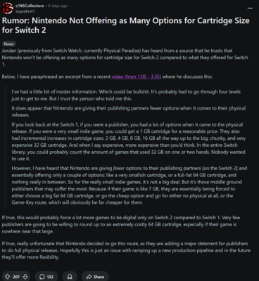 Fuite de la Switch 2 sur la taille des cartouches (Source de l'image : capture d'écran, Nintendo Switch Game Collectors subreddit)