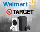 Les logos de Walmart et de Target apparaissent au-dessus des consoles Xbox (Source des images : Walmart, Target, Xbox Wire avec modifications)