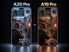A20 Pro et A19 Pro affichés côte à côte avec le gameplay de Resident Evil 4 Remake et des indicateurs de performance à l’écran
