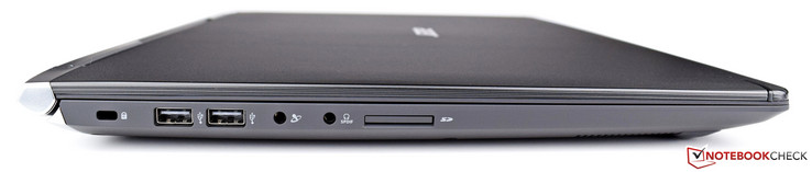 A gauche : verrou Kensington, 2 USB 2.0, jack 3,5 mm, SPDIF, lecteur de carte SD.