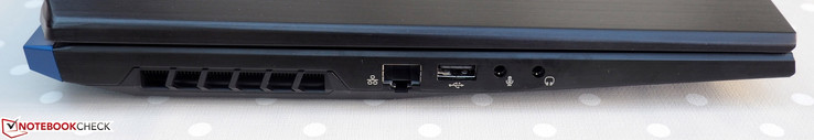 Côté gauche : RJ45-LAN, USB A 2.0, jack micro, jack écouteurs.