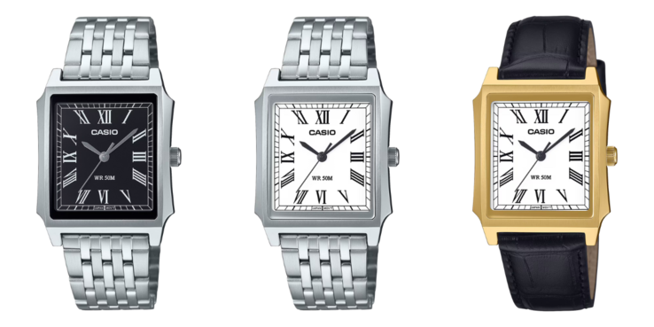 De gauche à droite : les montres Casio MTP-B190D-1BV, MTP-B190D-7BV et MTP-B190GL-7BV. (Source de l'image : Casio)