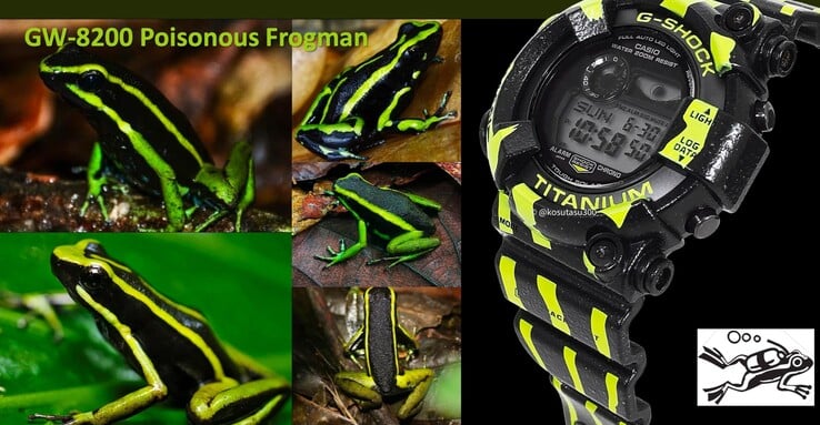 Une possible photo de la montre Casio Frogman GW-8200TPF Poison Dart Frog (à gauche). (Source de l'image : Kosutasu300 via Instagram)