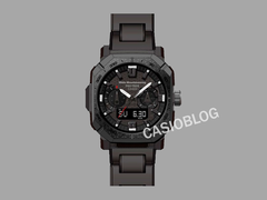 La montre Casio Pro Trek x White Mountaineering PRW-B1000WM-1, avec le texte de Casioblog sur fond gris. (Source de l'image : Casioblog)