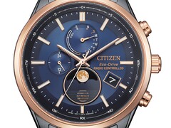 Gros plan sur la montre Citizen BY1036-53L Eco-Drive à phase de lune, dotée d’un cadran bleu, d’une lunette couleur or rose, d’un boîtier en acier inoxydable noir et d’un affichage analogique de la phase de lune à 6 heures