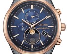 Gros plan sur la montre Citizen BY1036-53L Eco-Drive à phase de lune, dotée d’un cadran bleu, d’une lunette couleur or rose, d’un boîtier en acier inoxydable noir et d’un affichage analogique de la phase de lune à 6 heures
