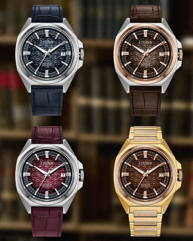 De haut en bas : montres automatiques Citizen Série 8 831 en édition limitée, respectivement en bleu marine, marron, bordeaux et orange brûlé.