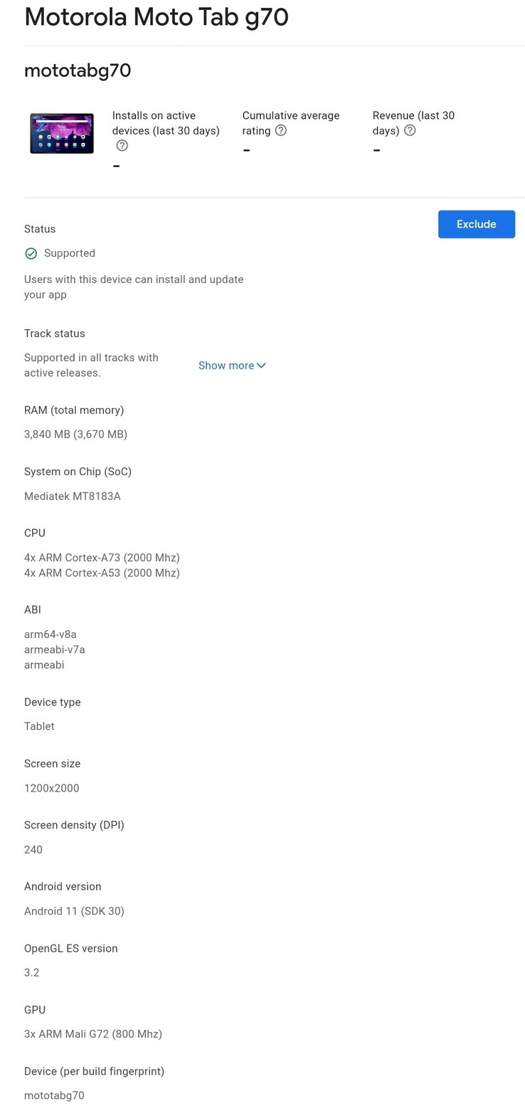 Le nouveau listing du "Moto Tab G70". (Source : Google Play Console via Abhishek Yadav sur Twitter )