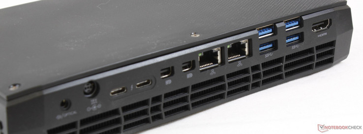 A l'arrière : SPDIF, entrée secteur, 2 Thunderbolt 3, 2 mini DisplayPort 1.3, 2 Gigabit RJ-45, 4 USB 3.0, HDMI 2.0a.