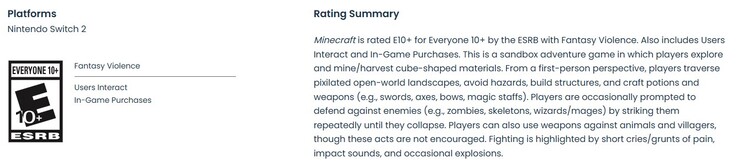 Classement ESRB pour le portage de Minecraft sur Switch 2.