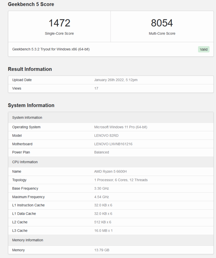 Performance Geekbench de l'AMD Ryzen 5 6600H (image via Geekbench)