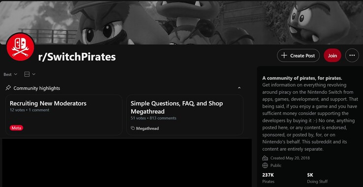 Le subreddit sur le piratage de la Switch est affiché (Image source : screenshot, r/SwitchPirates)