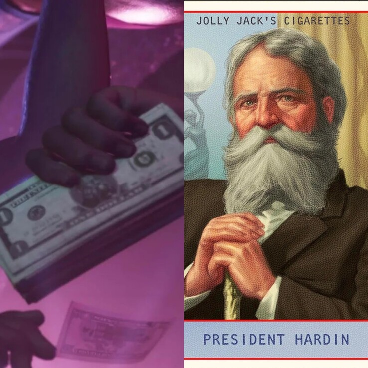 Image montrant l'argent dans GTA 6 à partir de la bande-annonce 2 avec le président Hardin. (Source de l'image : Synth Potato sur X)
