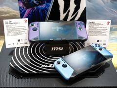 Les nouvelles versions Glacier Blue et Void Purple de l'actuel Claw 8 AI+ de MSI présentées au CES 2026 de Las Vegas. (Source de l'image : MSI)