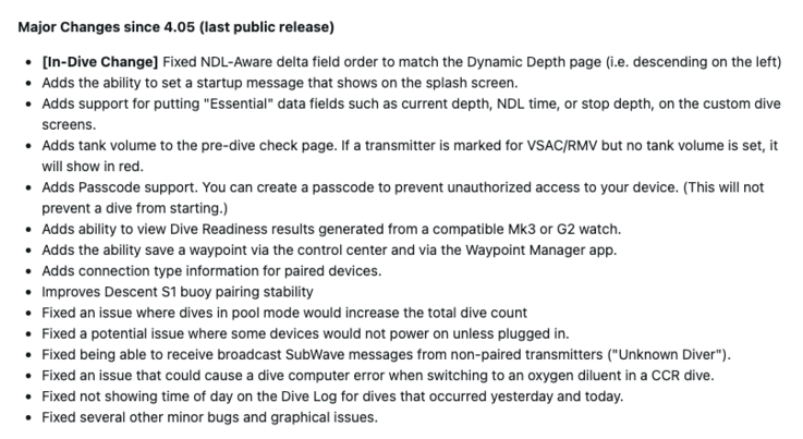 Les notes de mise à jour du logiciel Garmin Descent X50i 5.09