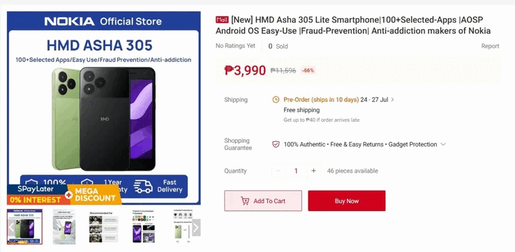 Ce téléphone est déjà proposé chez un détaillant aux Philippines au prix de 3 990 PHP (environ 65 $).