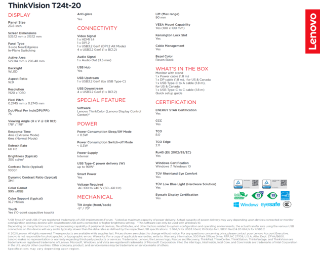 Lenovo ThinkVision T24t-20 - Spécifications. (Source : Lenovo)