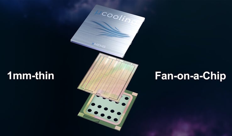 Le XMC-2400 de xMEMS fait vibrer un mince film piézoélectrique pour pousser l'air à travers la puce de micro-refroidissement. (Source de l'image : xMEMS)