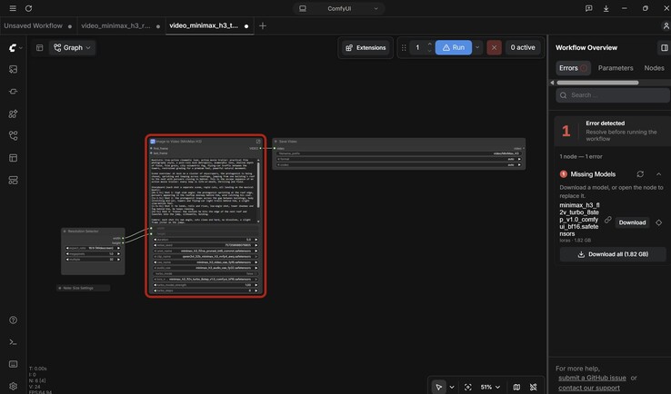 Le cas le plus simple, la conversion de texte en vidéo : un nœud permettant de sélectionner la résolution, suivi du nœud principal contenant l'IA vidéo, puis enfin la sortie vidéo, y compris le format