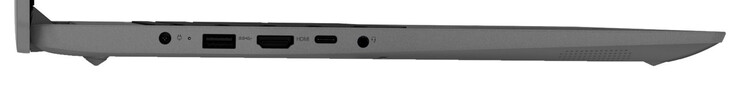 À gauche : connecteur d'alimentation, USB 3.2 Gen 1 (USB-A), HDMI, USB 3.2 Gen 1 (USB-C ; Power Delivery, DisplayPort), prise audio combo de 3,5 mm