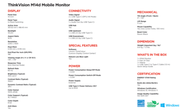 Spécifications du Lenovo ThinkVision M14d (image via Lenovo)