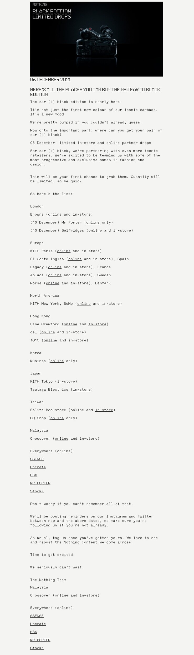 La liste exhaustive de Nothing des zones à gains limités pour les éditions de l'oreille noire (1). (Source : Nothing)