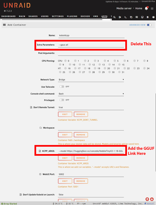 Le modèle de docker Unraid ne nécessite que 2 changements pour démarrer. Si vous travaillez sans GPU, enlevez le drapeau GPU, et collez le lien vers le fichier GGUF de Huggingface