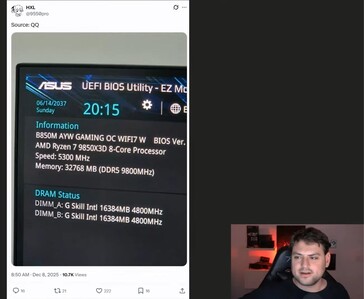 Capture d'écran du BIOS montrant un système AMD Ryzen 7 9850X3D fonctionnant avec 32 Go de mémoire DDR5-9800, partagée par le compte X @9550pro (Source de l'image : @9550pro / X)