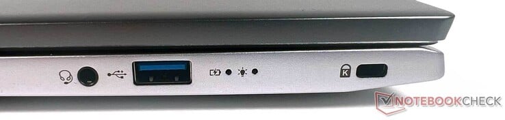 A droite : 1x prise 3.5mm, 1x USB type-A 3.1 gen. 1, 1x Kensington