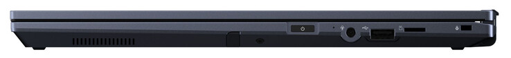 Côté droit : Stylet actif, bouton d'alimentation, combo audio, USB 2.0 (USB-A), lecteur de carte mémoire (MicroSD), fente pour un câble de verrouillage