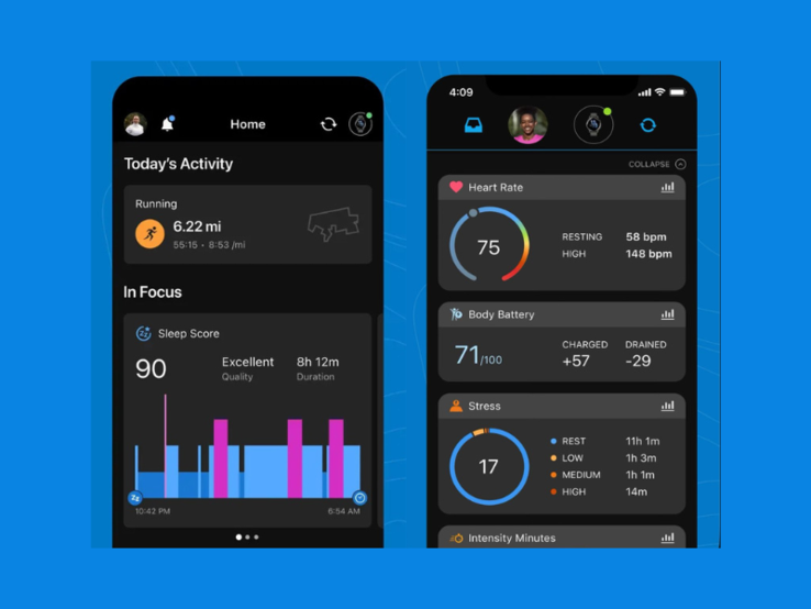 Captures d'écran comparant la nouvelle (à gauche) et l'ancienne (à droite) version de l'écran d'accueil de l'application Garmin Connect. (Source de l'image : Garmin)