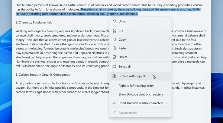 Capture d'écran de Notepad version 11.2401.25.0 . Copilot peut être déclenché directement à partir du menu contextuel. (blog Windows)