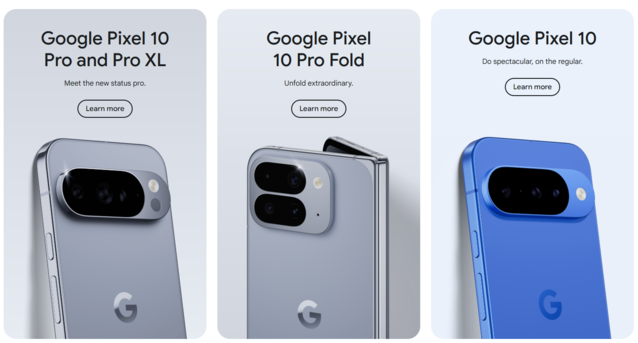 La gamme Pixel 10. À l'exception du pli, le Pixel 10 standard et le plus petit 10 Pro sont presque identiques à la fois en termes de construction et de spécifications, mais affichent une différence de prix de 200 $ (Image Source : Google)