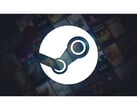 Image promotionnelle pour Steam avec un grand logo de la plateforme au centre sur un fond noir délavé avec plusieurs couvertures de jeux dans le flou. (Source de l'image : Steam)
