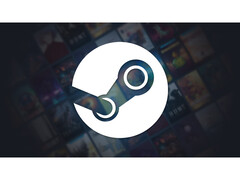 Image promotionnelle pour Steam avec un grand logo de la plateforme au centre sur un fond noir délavé avec plusieurs couvertures de jeux dans le flou. (Source de l'image : Steam)