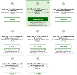 Sélection et suppléments des CPUs disponibles