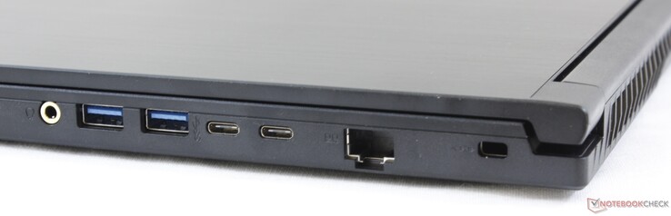 Côté droit : prise écouteurs 3,5 mms, micro 3,5 mm, 2 USB A 3.2, USB C 3.2, Gigabit RJ-45, verrou de sécurité Kensington.