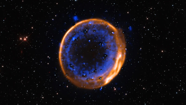 Image de la supernova à double détonation SNR 0509-67.5 vue par le VLT. (Source de l'image : ESO/P. Das et al. Étoiles de fond (Hubble) : K. Noll et al.)