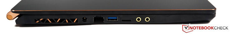 Côté gauche : entrée secteur, RJ45 LAN, USB-A 3.2 Gen2, micro SD, micro, écouteurs.